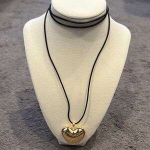 Gold Heart Pendant Necklace on Black Cord